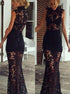 Mermaid Black High Neck Appliques Lace Sheer Skirt Prom Dresses LBQ2982