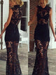 Mermaid Black High Neck Appliques Lace Sheer Skirt Prom Dresses