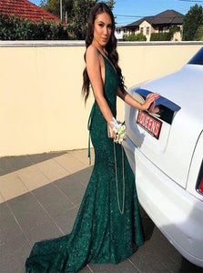 Sweep Train Green Backless Evening Dresses