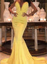 Deep V Neck Mermaid Yellow Satin Backless Prom Dresses LBQ1727