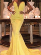 Deep V Neck Mermaid Yellow Satin Backless Prom Dresses