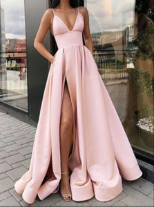 A Line Spaghetti Straps V Neck Satin Pocket Prom Dresses