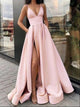 A Line Spaghetti Straps V Neck Satin Pocket Prom Dresses