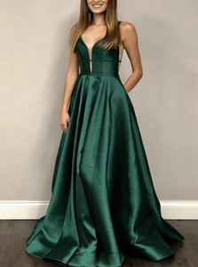 A Line Emerald Green Deep V Neck Open Back Slit Prom Dresses 