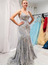 Spaghetti Straps Mermaid Silver Tulle Lace Up Appliques Prom Dress LBQ2727