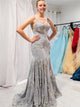 Spaghetti Straps Mermaid Silver Tulle Lace Up Appliques Prom Dresses