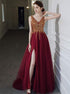 A Line V Neck Tulle Beadings Prom Dress with Slit LBQ2766
