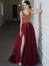 A Line V Neck Tulle Beadings Prom Dress with Slit LBQ2766