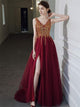 A Line V Neck Tulle Beadings Prom Dress with Slit