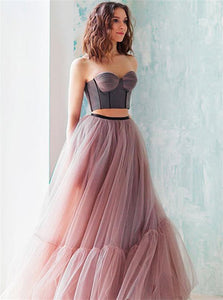 A Line Two Piece Sweetheart Pink Tulle Prom Dresses