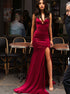 V Neck Mermaid Burgundy Prom Dress with Split LBQ0964
