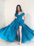 A Line Off The Shoulder Blue Satin Prom Dress with Slit LBQ3033