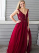 A Line Deep V Neck Sweep Train Dark Red Tulle Prom Dresses