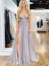 Light Lilac Tulle Beading Illusion V Neck Sexy Prom Dresses LBQ1970