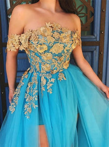 A Line Off the Shoulder Blue Tulle Prom Dresses