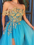 A Line Off the Shoulder Blue Tulle Prom Dresses with Gold Appliques and Slit LBQ2371