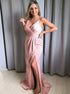 Mermaid V Neck Straps Pink Satin Open Back Prom Dress with Slit LBQ2660