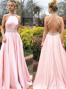 A Line Halter Open Back Satin Beadings Pink Prom Dresses 