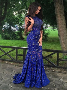 Royal Blue Jewel Sweep Train Lace Mermaid Prom Dresses