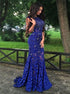 Royal Blue Jewel Sweep Train Lace Mermaid Prom Dress with Beading LBQ2214