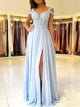 A Line Straps Chiffon Appliques Open Back Prom Dresses