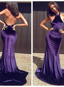 Purple Satins Halter Mermaid Backless Satin Prom Dresses