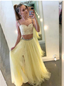 A Line Yellow Tulle Two Piece Spaghetti Straps Beadings Prom Dresses 