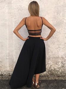 A Line High Low Sleeveless Backless Black Prom Dresses