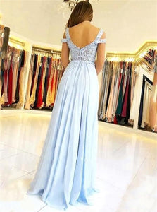 Open Back Blue Sweep Train Evening Dresses