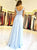 Open Back Blue Sweep Train Evening Dresses