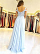 Open Back Blue Sweep Train Evening Dresses