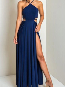 A Line Halter Criss Cross Slit Royal Blue Chiffon Prom Dresses 