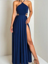 A Line Halter Criss Cross Slit Royal Blue Chiffon Prom Dresses LBQ2275
