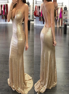 Mermaid Gold Sequin Criss Cross Spaghetti Strap Prom Dresses