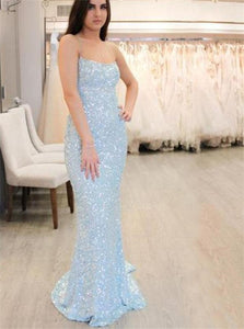 Pale Blue Sequin Spaghetti Strap Mermaid Prom Dresses 