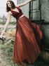 Two Piece A Line V Neck Burgundy Tulle Prom Dress LBQ2674