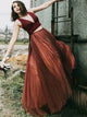 Two Piece A Line V Neck Burgundy Tulle Prom Dresses