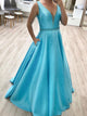 A Line V Neck Sleeveless Satin Beadings Prom Dresses with Pockets