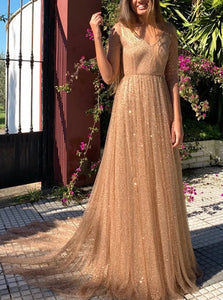 A Line Gold Sequins Long 3/4-Length Open Back Prom Dresses