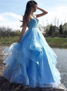 A Line Tulle Blue Floor Legnth Prom Dresses with Ruffles