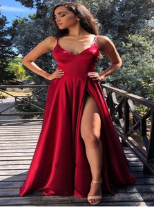 Spaghetti Straps V Neck Evening Dress With Split 