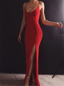 Red Mermaid Open Back Floor Length Prom Dresses with Leg Slit 