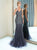 V Neck Sparkly Navy Rhinestone Mermaid Tulle Prom Dresses