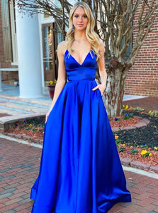 A Line V Neck Royal Blue Satin Prom Dresses with Pockets