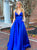 A Line V Neck Royal Blue Satin Prom Dresses with Pockets
