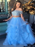 A Line Two Piece Off the Shoulder Blue Tulle Sequins Ruffles Prom Dress LBQ3276