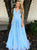 A Line Blue Tulle V Neck Lace Applique Prom Dresses 