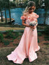 A Line Satin Pink Off the Shoulder Floral Prom Dresses LBQ1127