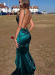 Mermaid V Neck Sweep Train Satin Prom Dresses with Pleats
