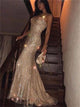 A Line V Neck Sweep Train Sleeveless Prom Dresses